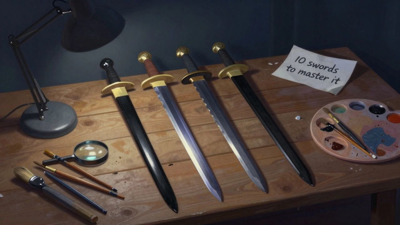 Три меча на столе, демонстрирующие этапы освоения техники NMM: от чёрного грунта до финального блика.