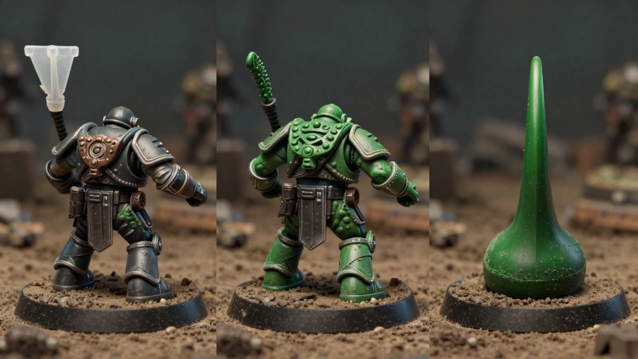Три миниатюры орка: с заводским, грубым и профессионально вылепленным хвостом из зелёной массы.