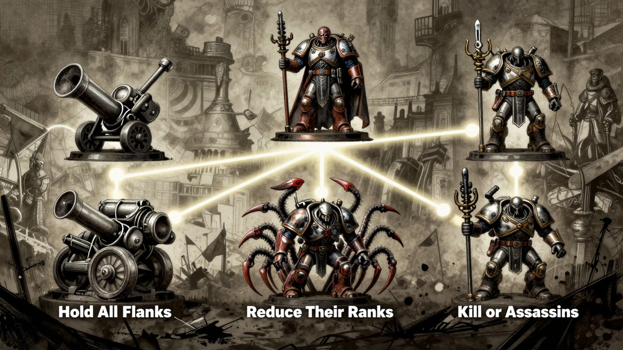 Три стиля армий с их оптимальными вторичными целями, представленные как символы на стратегической схеме.