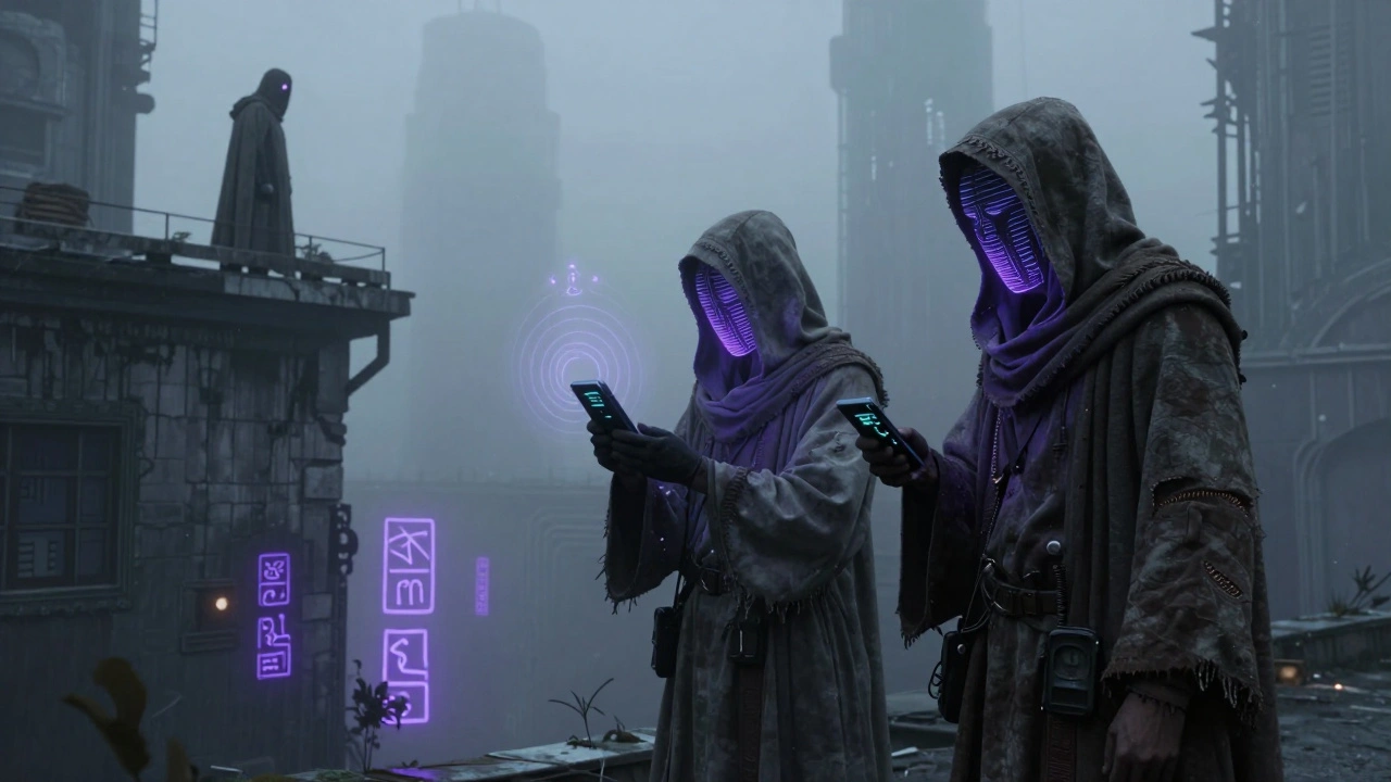 Трое агентов в маскировке скрываются в тумане города, пока инквизитор наблюдает из тени.