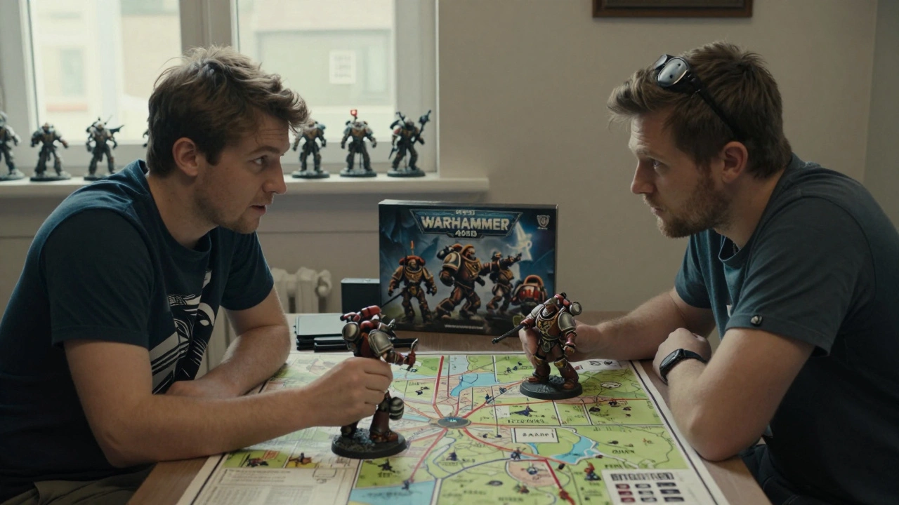 Two players playing Warhammer 40K for the first time, focused on the game, not the collection.