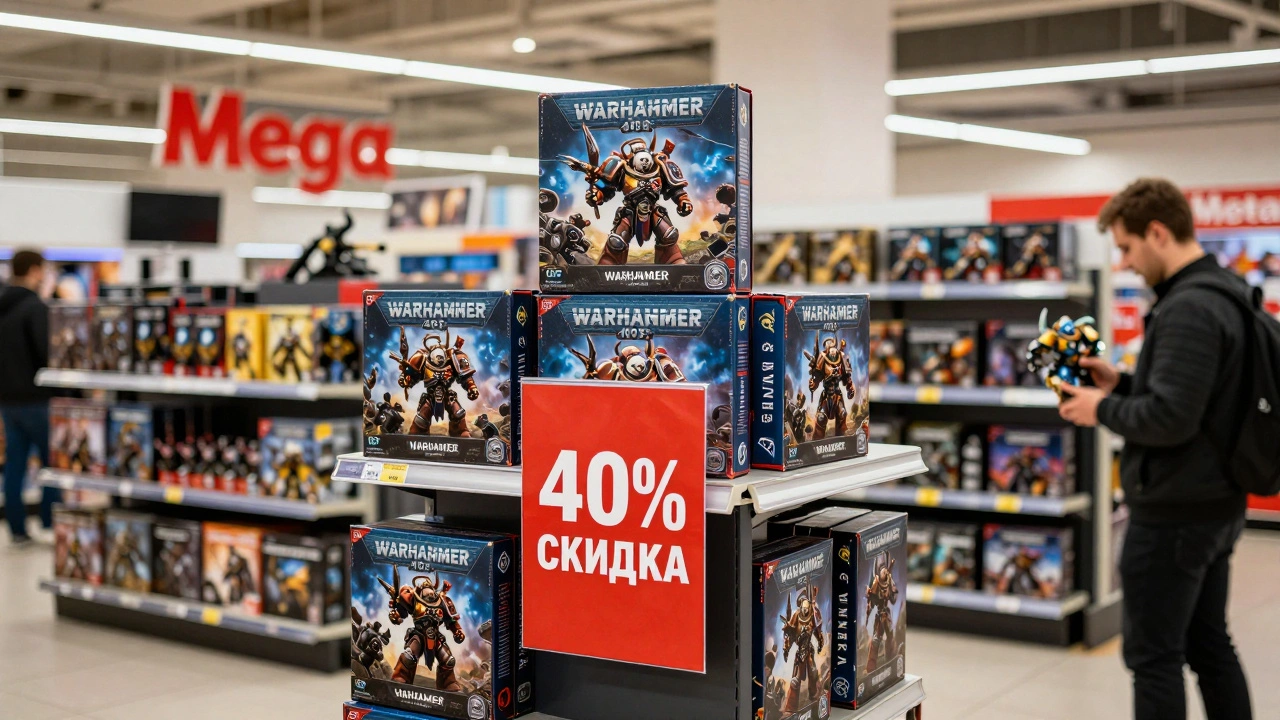 Уголок настольных игр в торговом центре с коробками Warhammer 40K и ярлыком '40% скидка'.