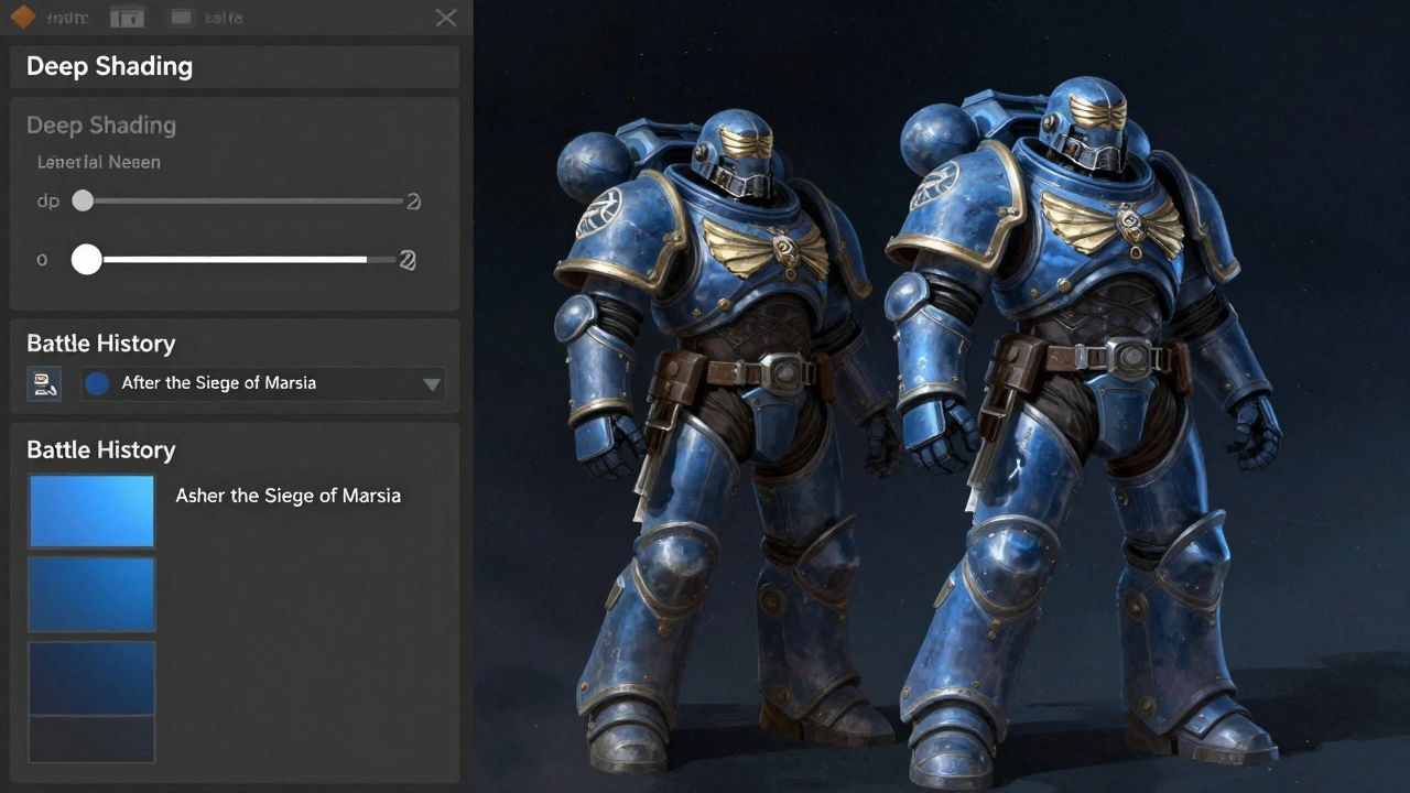 Визуальный редактор брони: слои теней, эффекты боя и цветовые профили на фоне космического пространства.