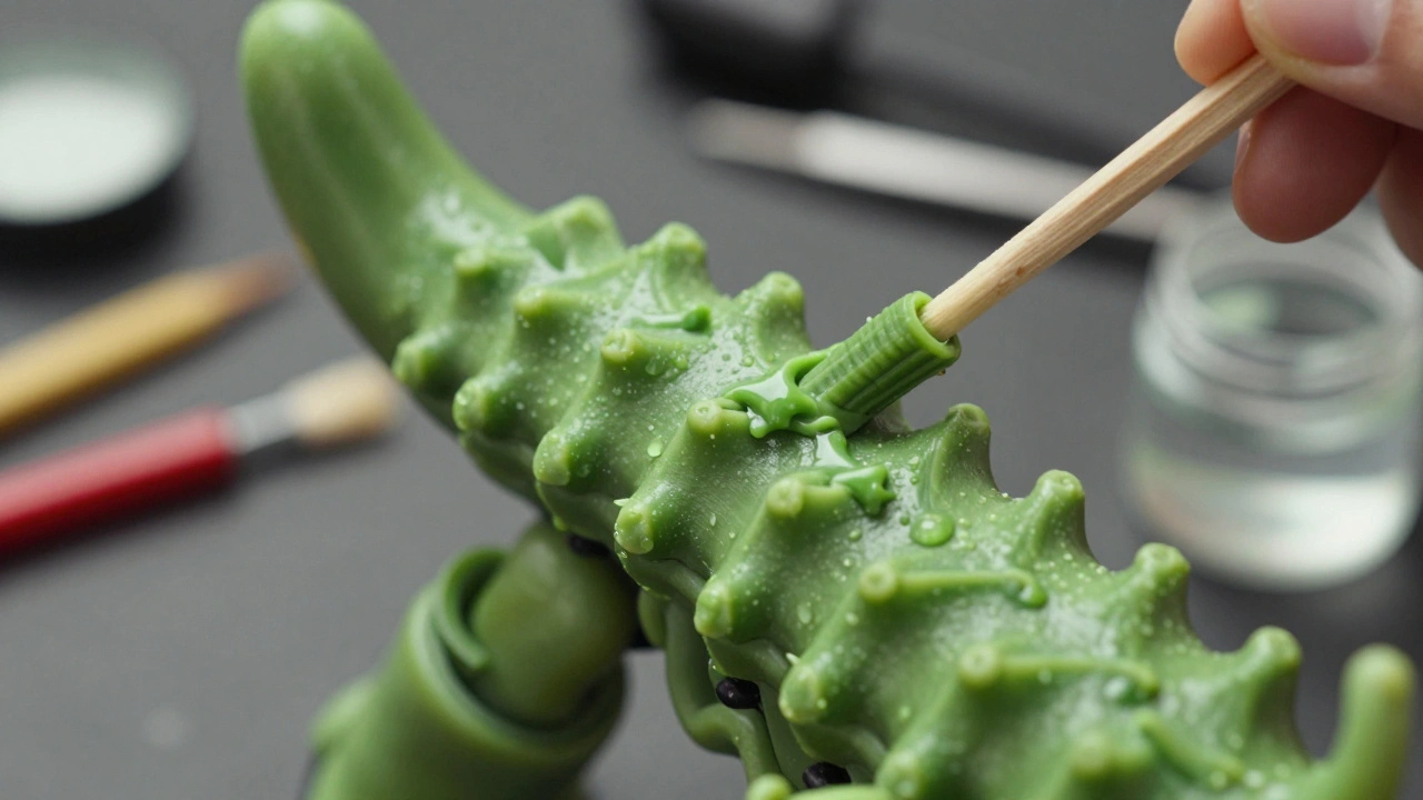 Влажная палочка гладит только что сформированный хвост орка из зелёной массы на миниатюре.