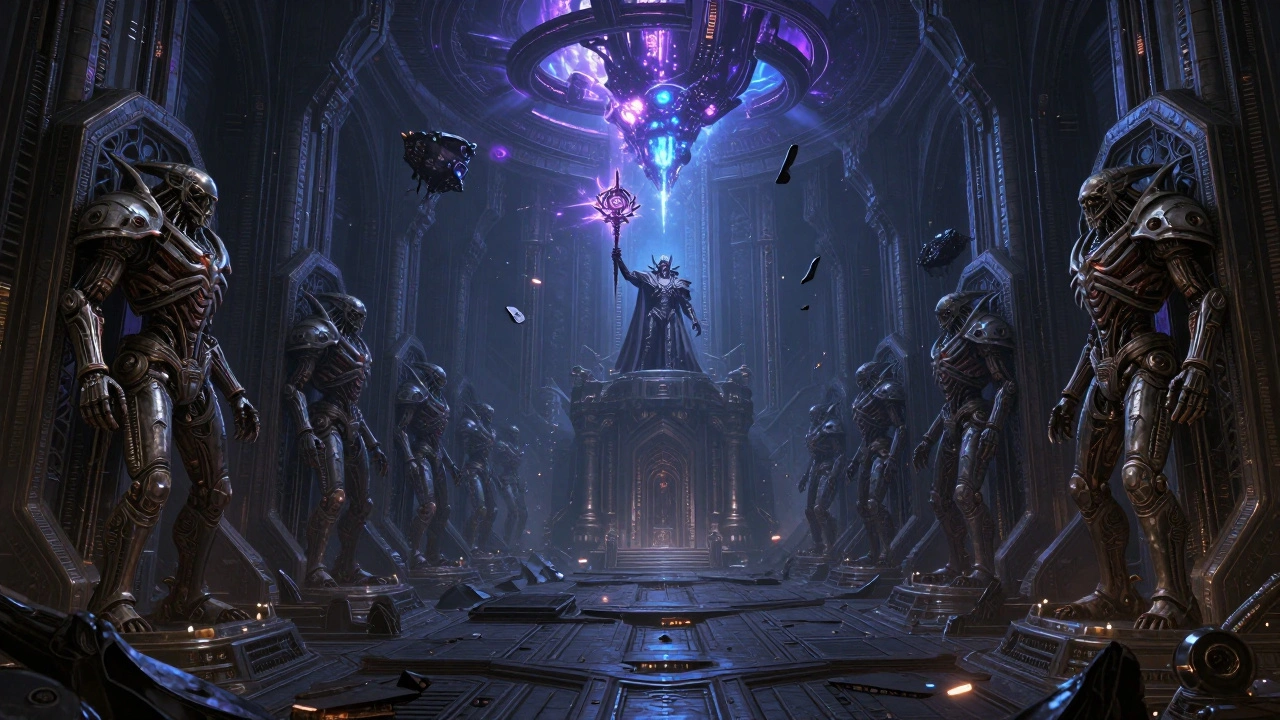 Внутри гробницы-мира некронов: спящие воины в стasis-капсулах, пульсирующий энергетический ядро и триарх, активирующий древнее оружие.