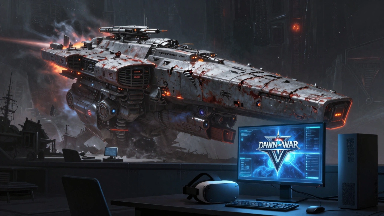 VR-очки лежат на столе рядом с мониторами, показывающими крупные игры Warhammer 40K.