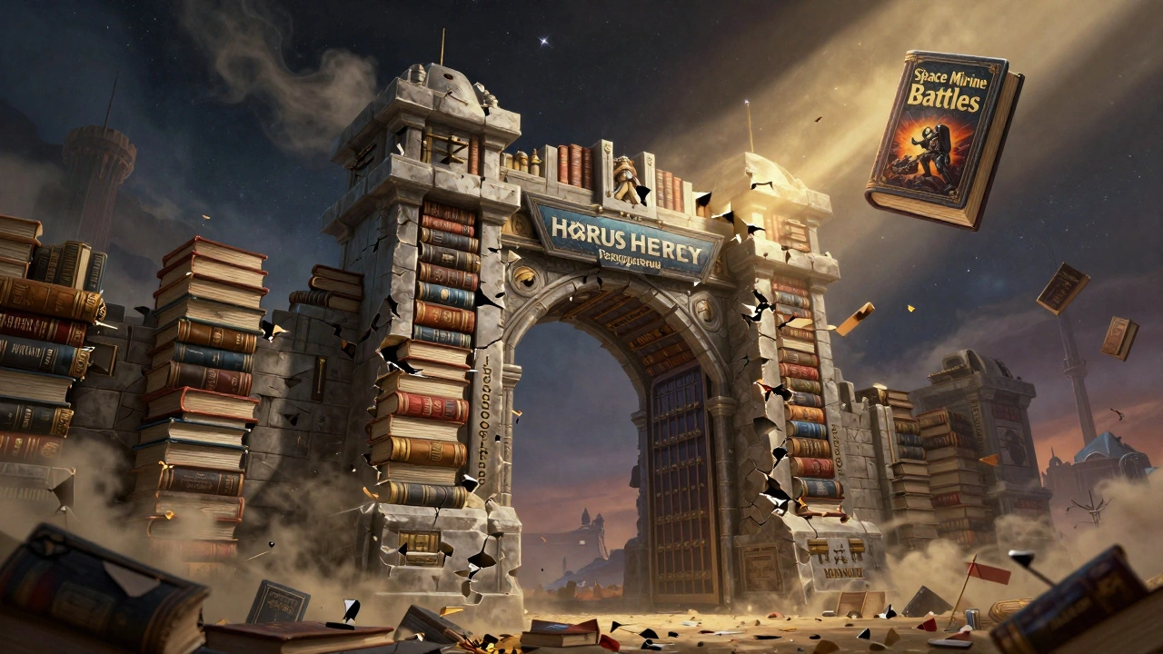 Врата из книг Warhammer 40K, из которых вылетает одна книга, освещённая золотым светом.