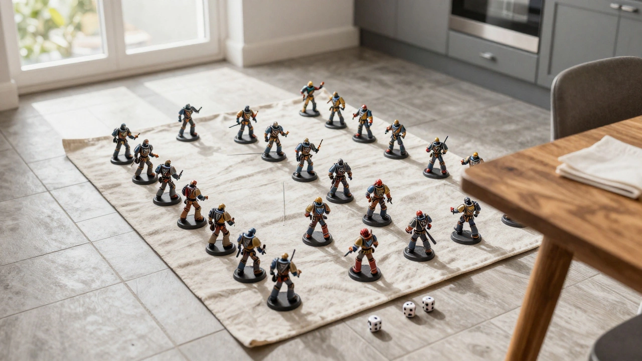 Warhammer 40K skirmish played on a kitchen floor using a cloth as gaming surface.