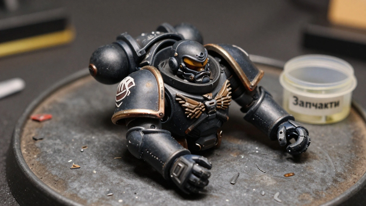 Завершённая кастомная миниатюра командира Warhammer 40K с невидимыми швами, лежит рядом с обрезками пластика и коробкой запчастей.