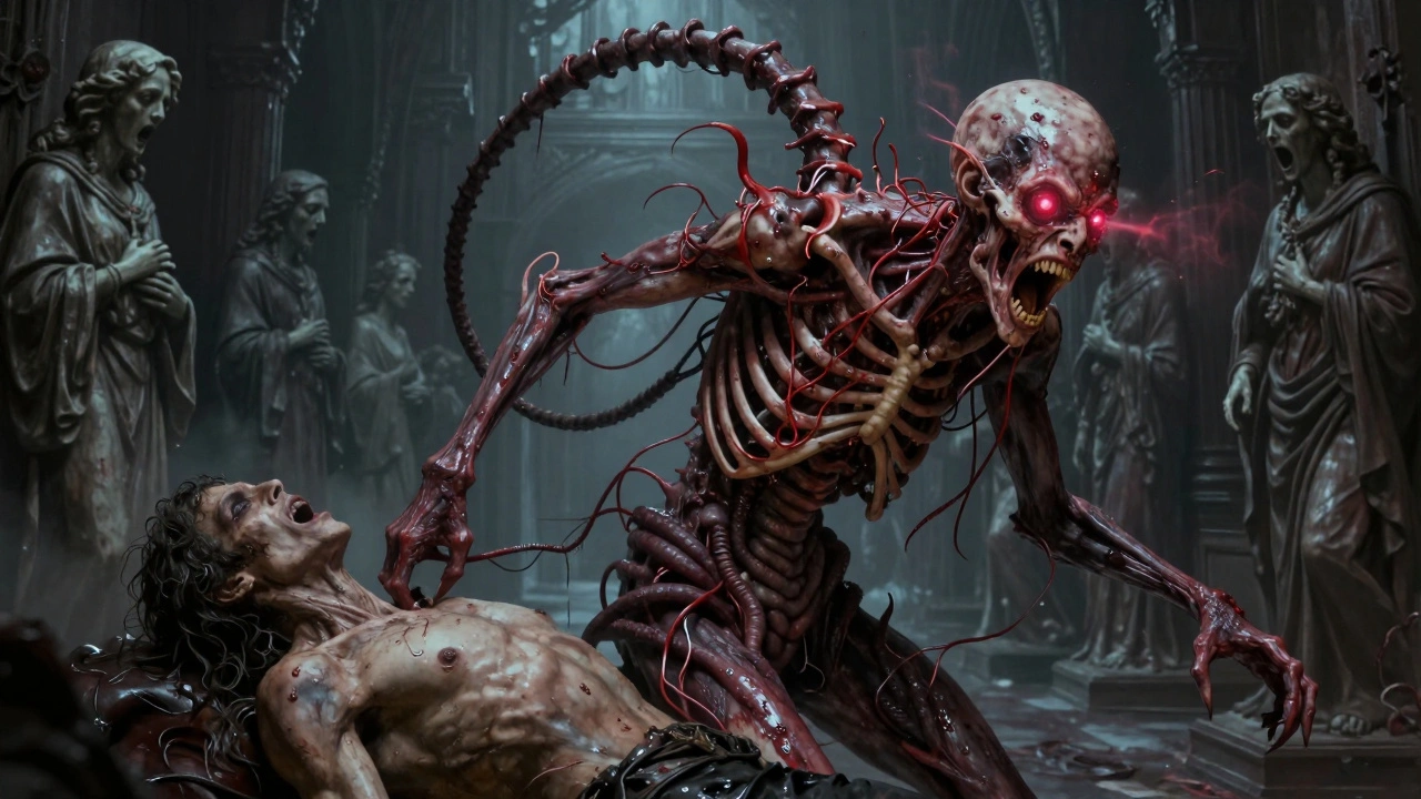 Живое орудие пыток с костяными шипами и проводами из кишок, тянущее жертву по коридору.