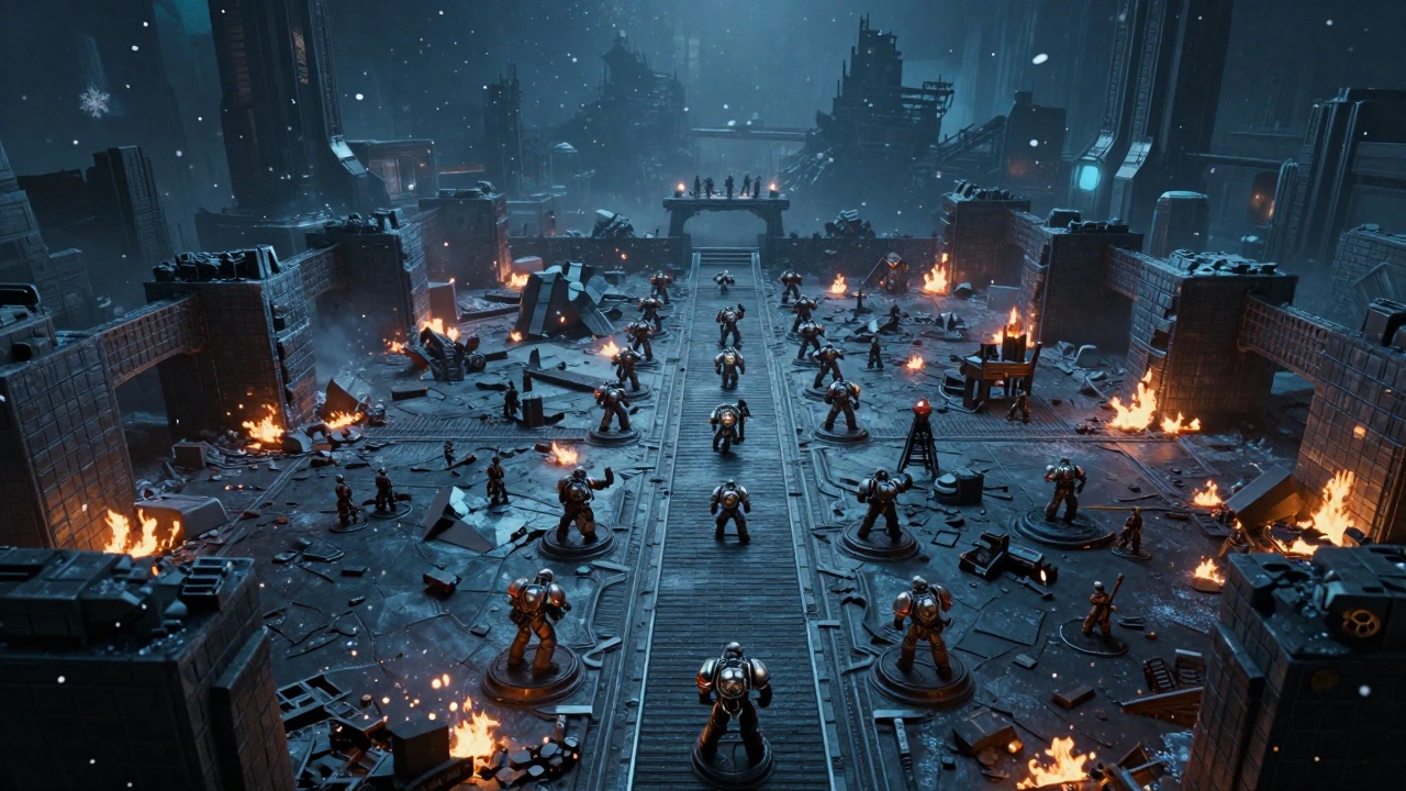 Живой игровой стол с дымом, снегом и магнитными элементами террейна в атмосфере космической битвы