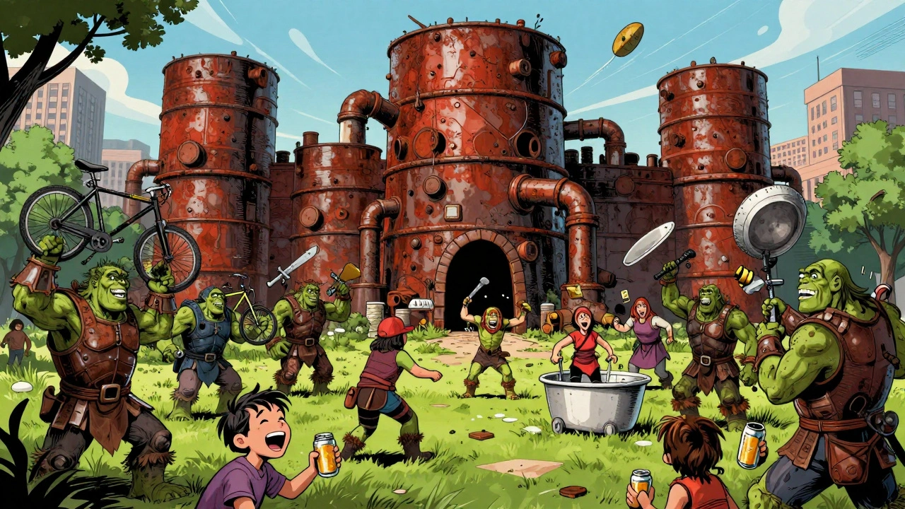 87 фанатов в костюмах орков с оружием из велосипедов в парке, дети с пивными банками смеются.