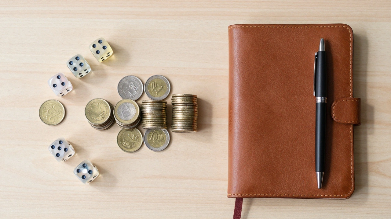Аккуратно сложенные монеты и кубики рядом с закрытым блокнотом
