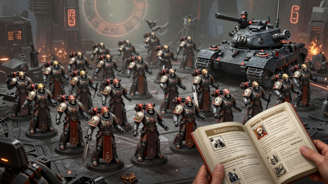 Армия Adeptus Mechanicus на поле боя: тех-жрецы, серво-черепа и танк Леман Русс под промышленным небом.