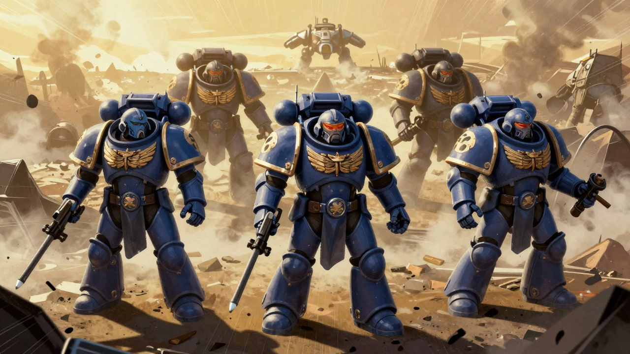 Армия Космодесанта в бою: тактические маринеры, капитан и тяжелая поддержка на разрушенном поле боя.