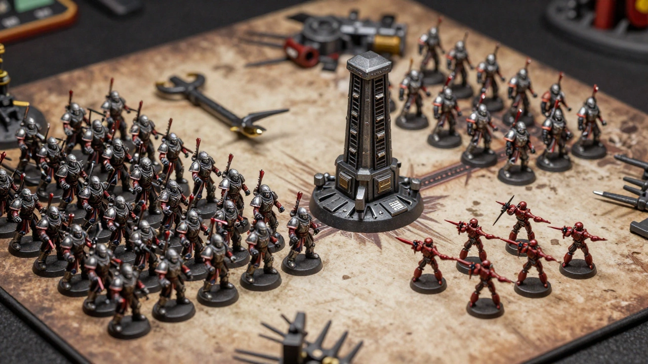 Армия Некронов с якорем, инструментами и специалистом, аккуратно расставленная на поле боя.