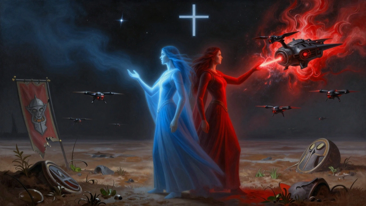 Аун'ва и О'шасерра стоят спиной друг к другу, один — в спокойном свете, другой — в энергии дронов, над ними звёзды образуют символ Т'ау.