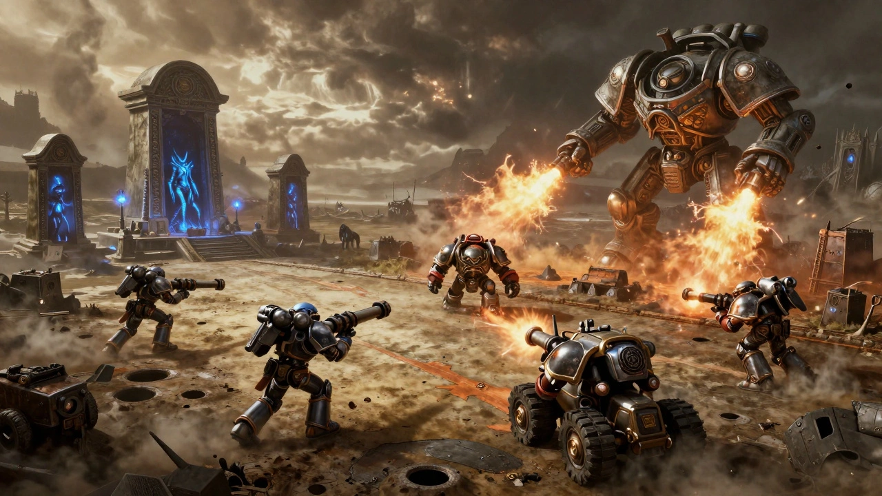 Битва четырёх фракций в Dawn of War IV на разрушенной планете.