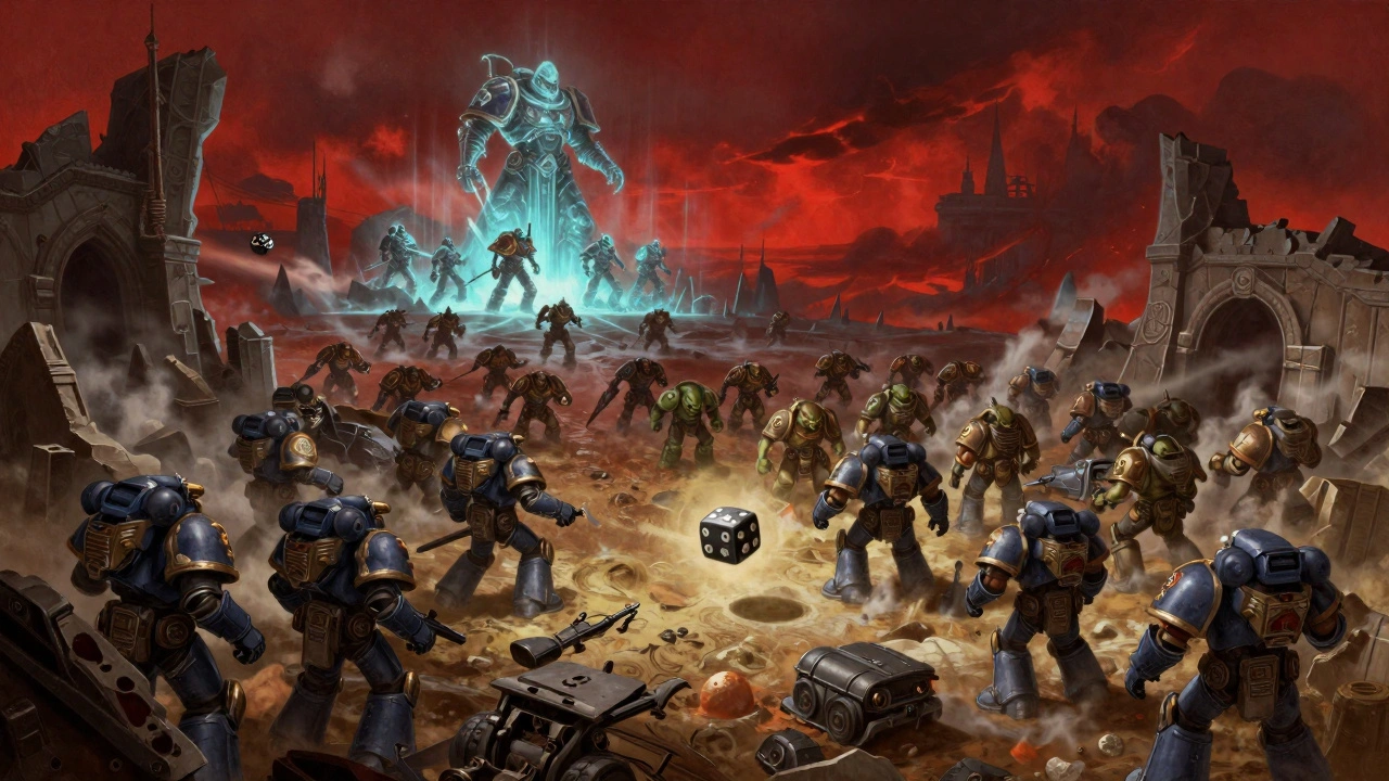 Битва между космодесантами, некронами и орками на игровом мате под багровым небом.