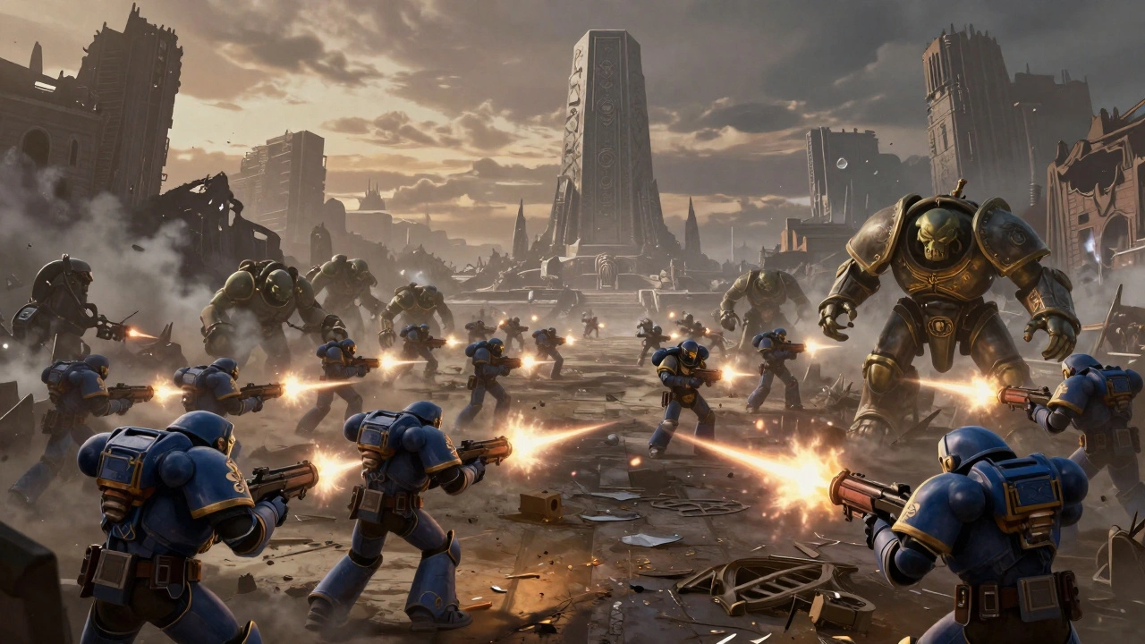 Битва между отрядом Тай’Ва и орками на разрушенной улице, на фоне монолита некронов при сумеречном свете.