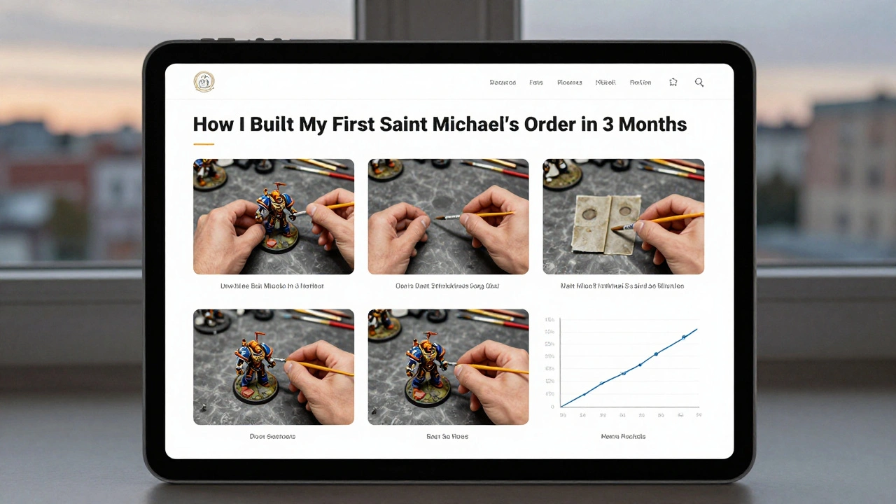 Блог-пост о сборке модели Warhammer 40K с пошаговыми фото и простым дизайном.