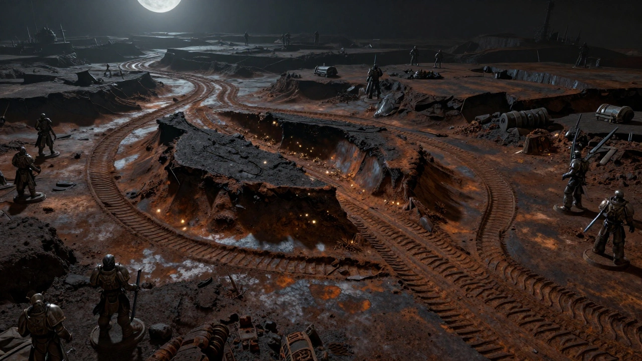 Боевая местность Warhammer 40K с идеально зафиксированными следами гусениц и ржавчиной под лунным светом.