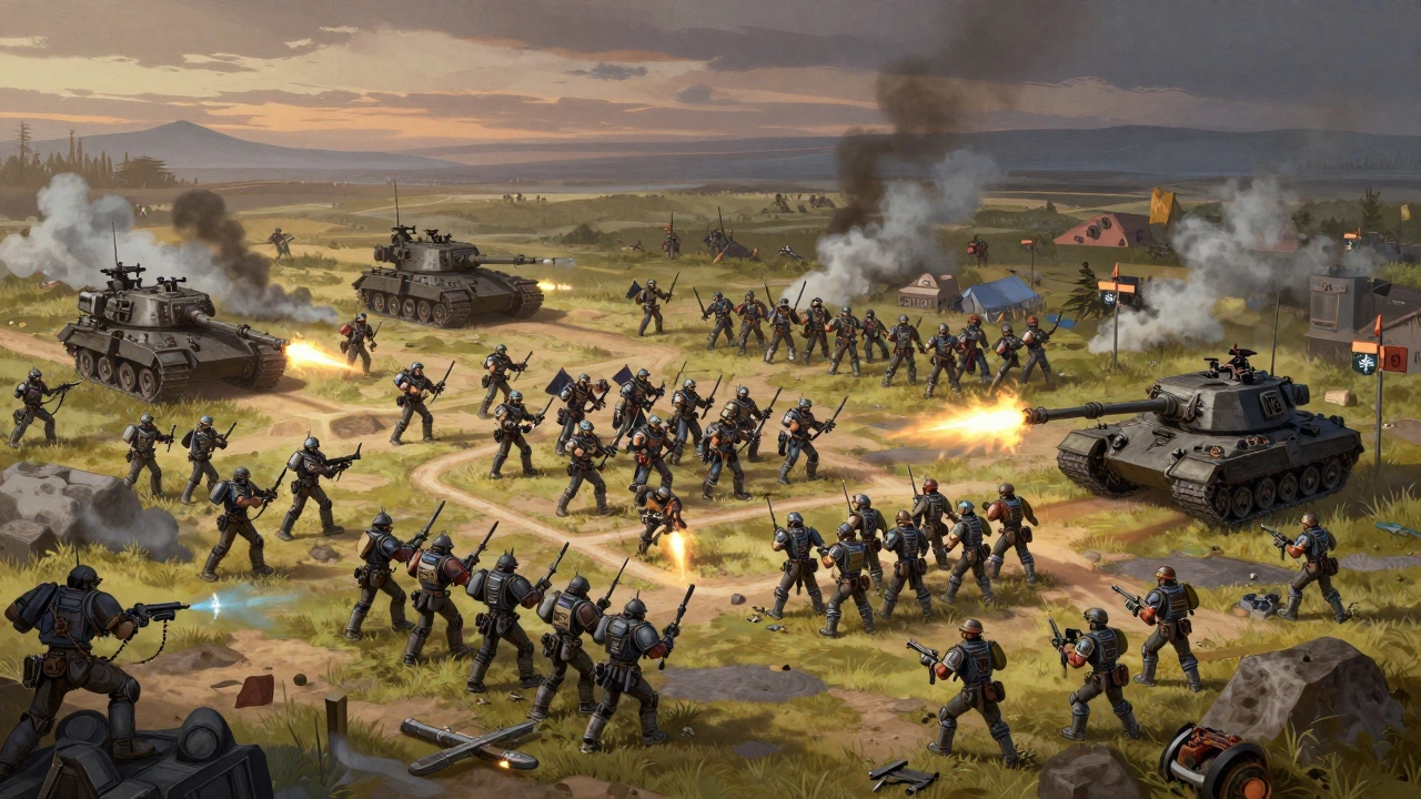 Бой Incursion с балансом пехоты и тяжелой техники на среднем поле.