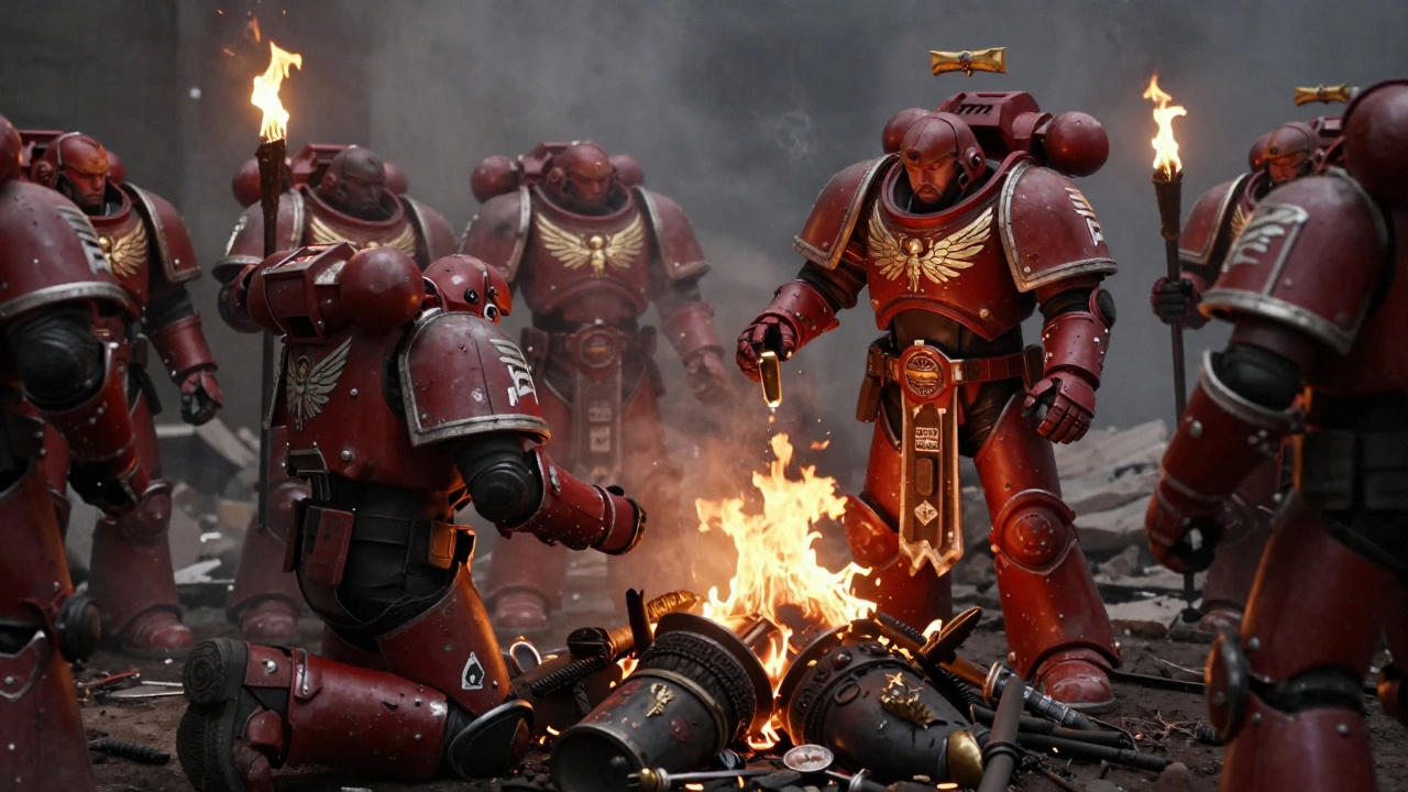 Братья-Кровавые Ангелы совершают ритуал перед битвой, священник сжигает тела врагов.