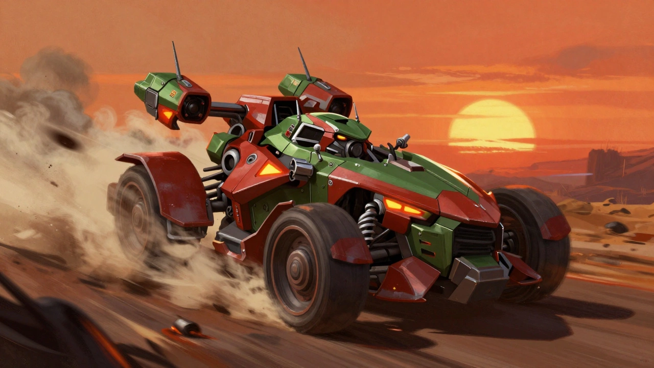 Быстрый рейдер эльдар в красно-зеленой палитре, мчится по пепельной равнине на закате.