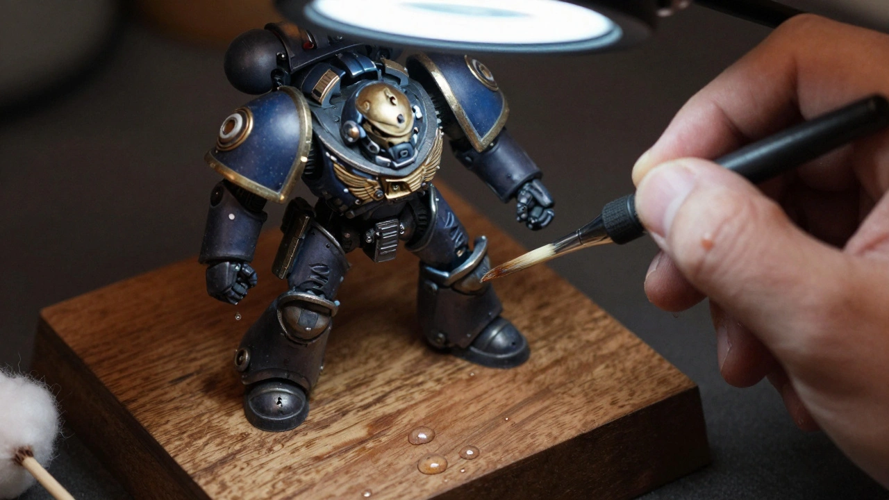 Частично собранная миниатюра десантника с временной фиксацией деталей для покраски.