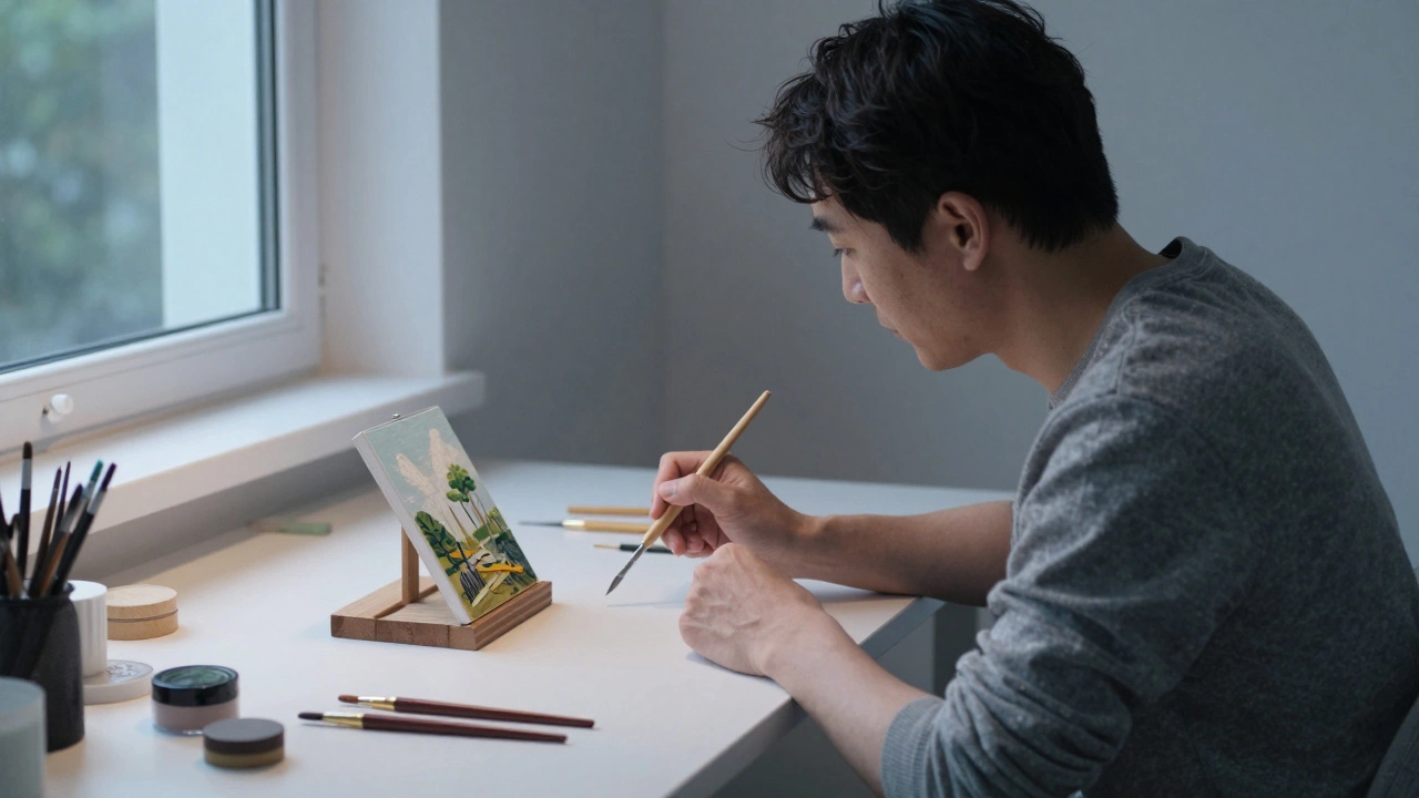 Человек за работой с одной окрашенной моделью