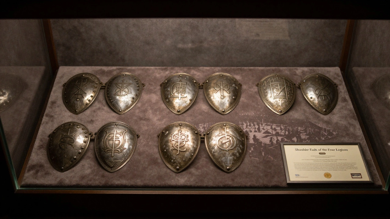 Четыре пары наплечников Легионов на бархатной подложке с сертификатом подлинности, под мягким светом.