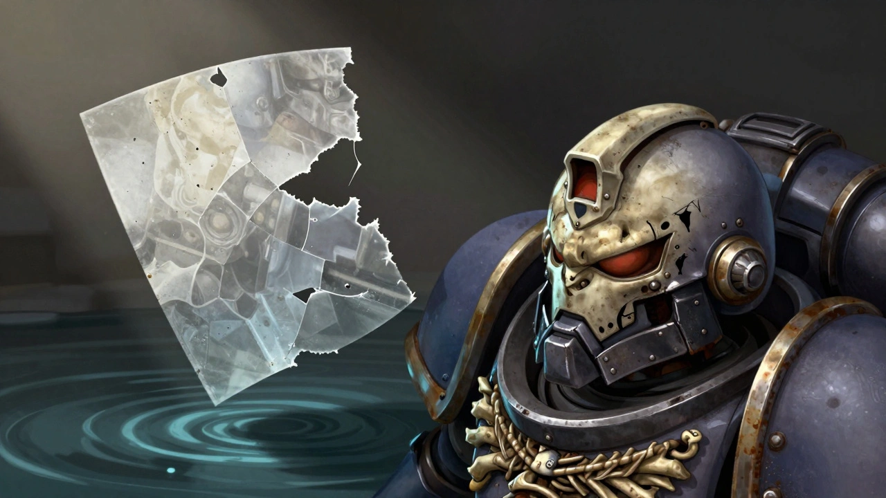 Chaos Space Marine helmet with torn hydrographic film floating above water, contrasting with a perfect decal.