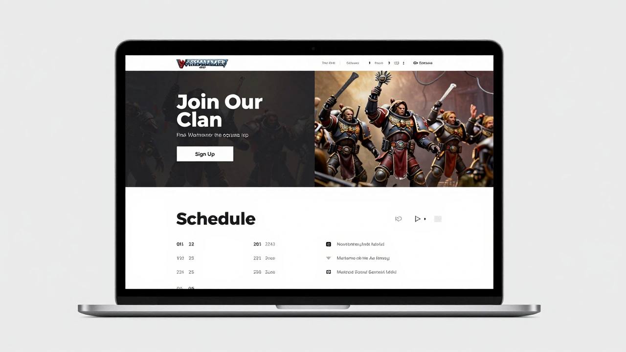 Чистый веб-сайт клуба Warhammer 40K с кнопкой присоединиться и фото игроков.