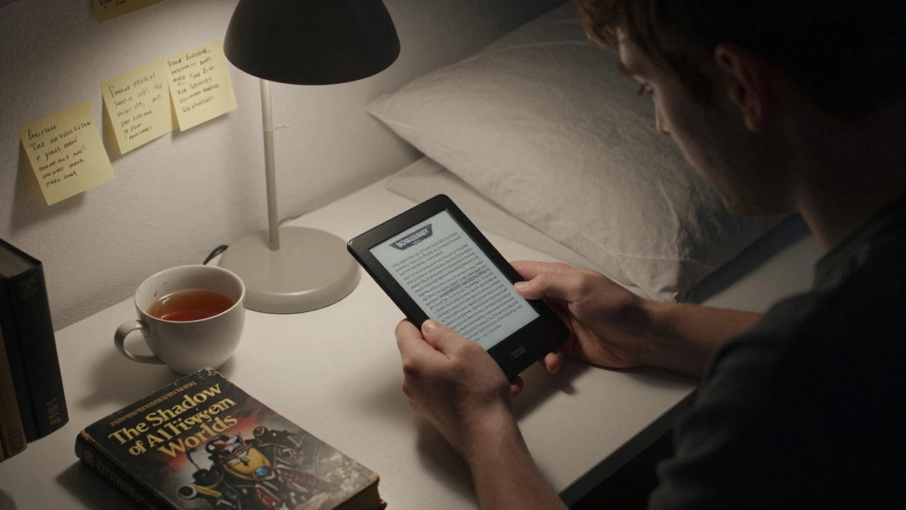 Читатель на e-ink-устройстве читает книгу Warhammer 40K при тусклом свете лампы.