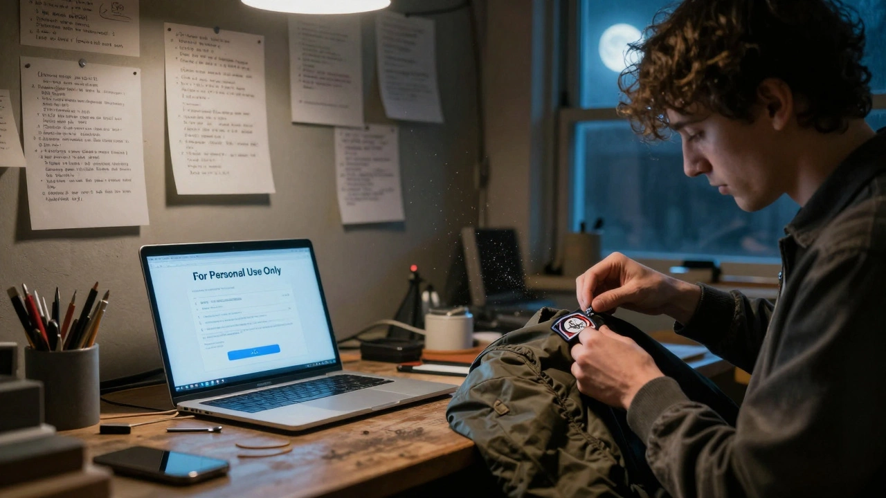 Член клуба пришивает ручную нашивку в подвале, рядом с заметкой 'Только для личного использования'