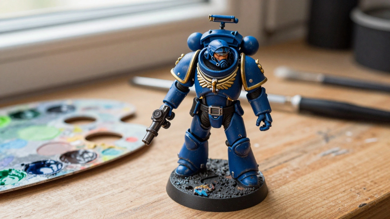 Детально раскрашенный воин в синей броне и баночки с краской