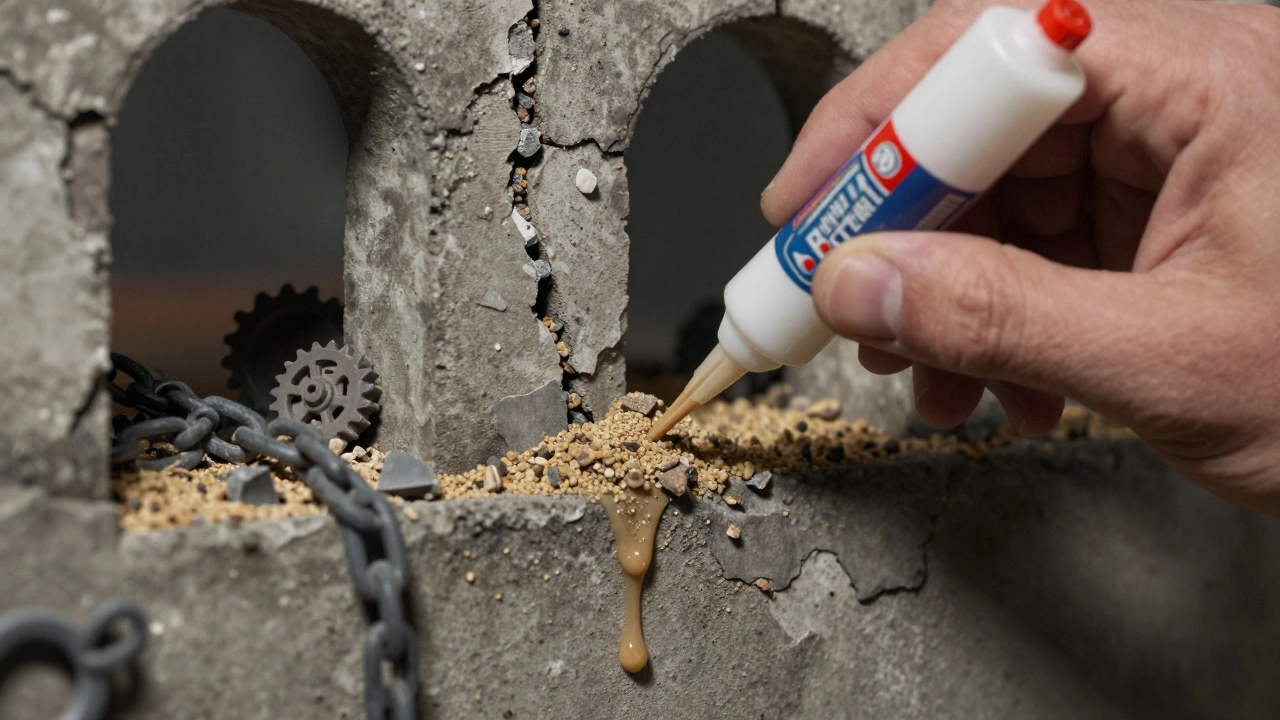 Деталь разрушенной стены: щель с песком и гравием, вставлены осколки пластика и цепей.