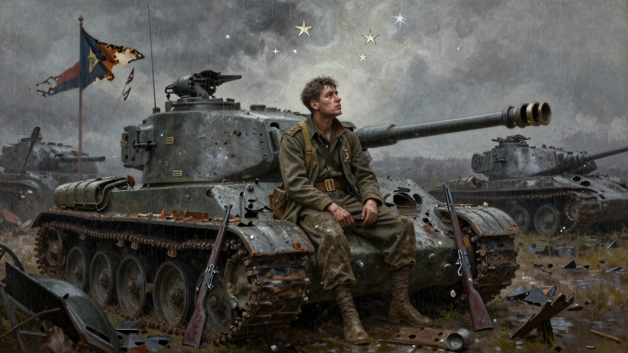 Дезертир из Крига сидит на обломках танка, глядя на звёзды в дождь.