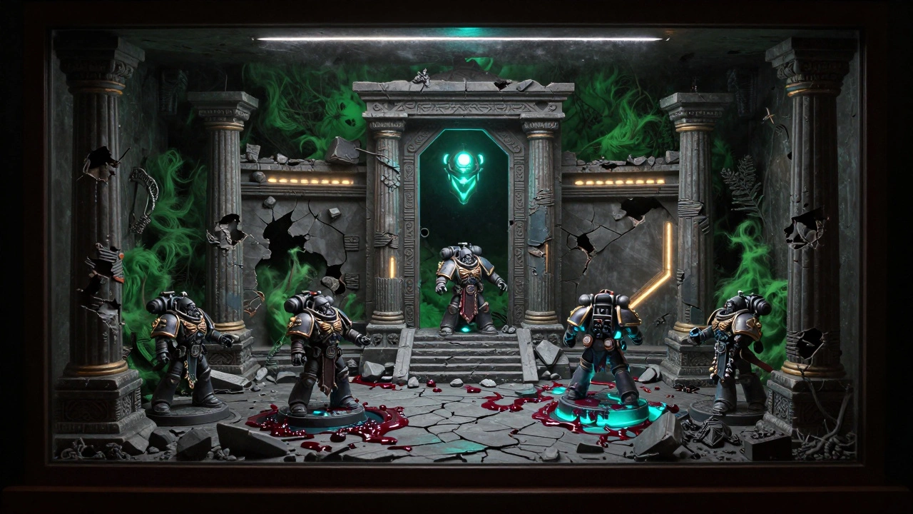 Диорама в виде разрушенного храма с эффектами УФ-смолы, туманом и 3D-элементами, освещённая скрытыми светодиодами.