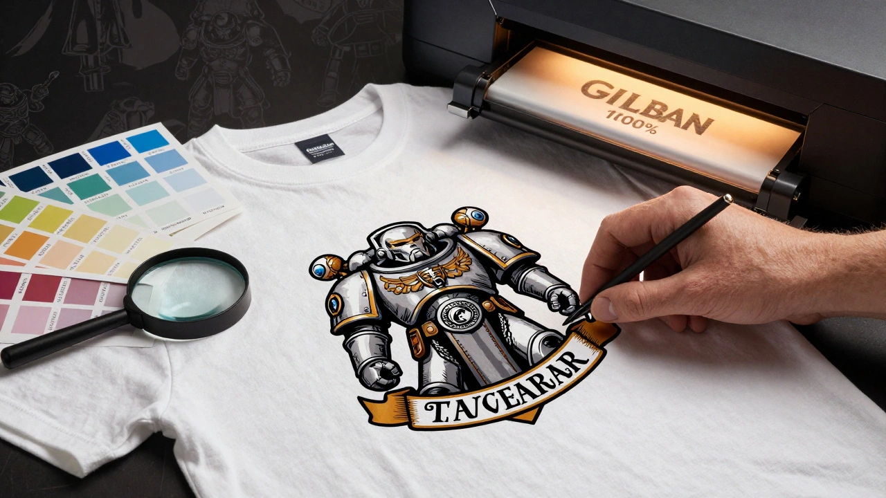 Дизайнер наносит векторный логотип на футболку с использованием точных Pantone-цветов и Imperial-шрифтов
