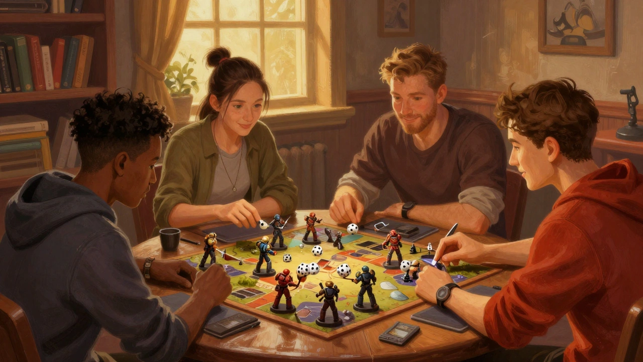 Друзья играют настольную игру с фигурками