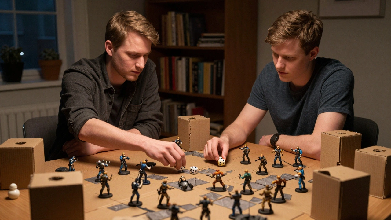 Два игрока играют в Warhammer 40K на самодельном поле из картона и пенопласта, один бросает кубик.