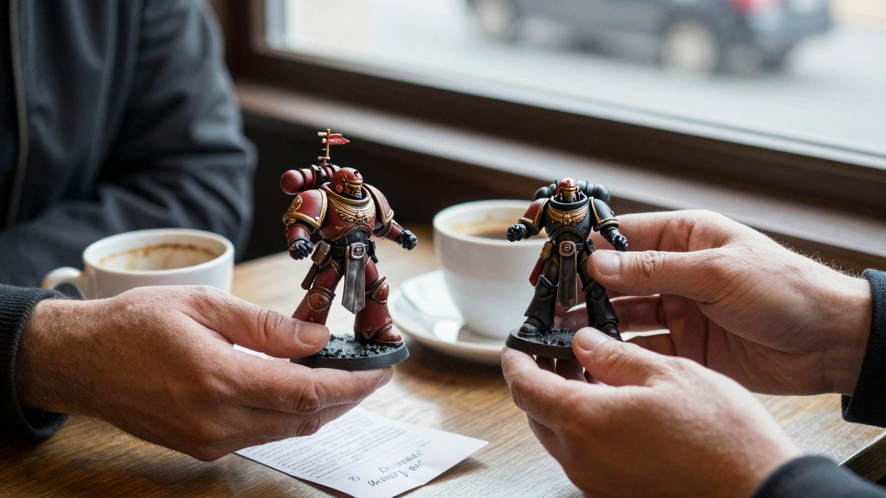 Два игрока обмениваются миниатюрами в кафе, передавая друг другу детально проработанные фигурки.