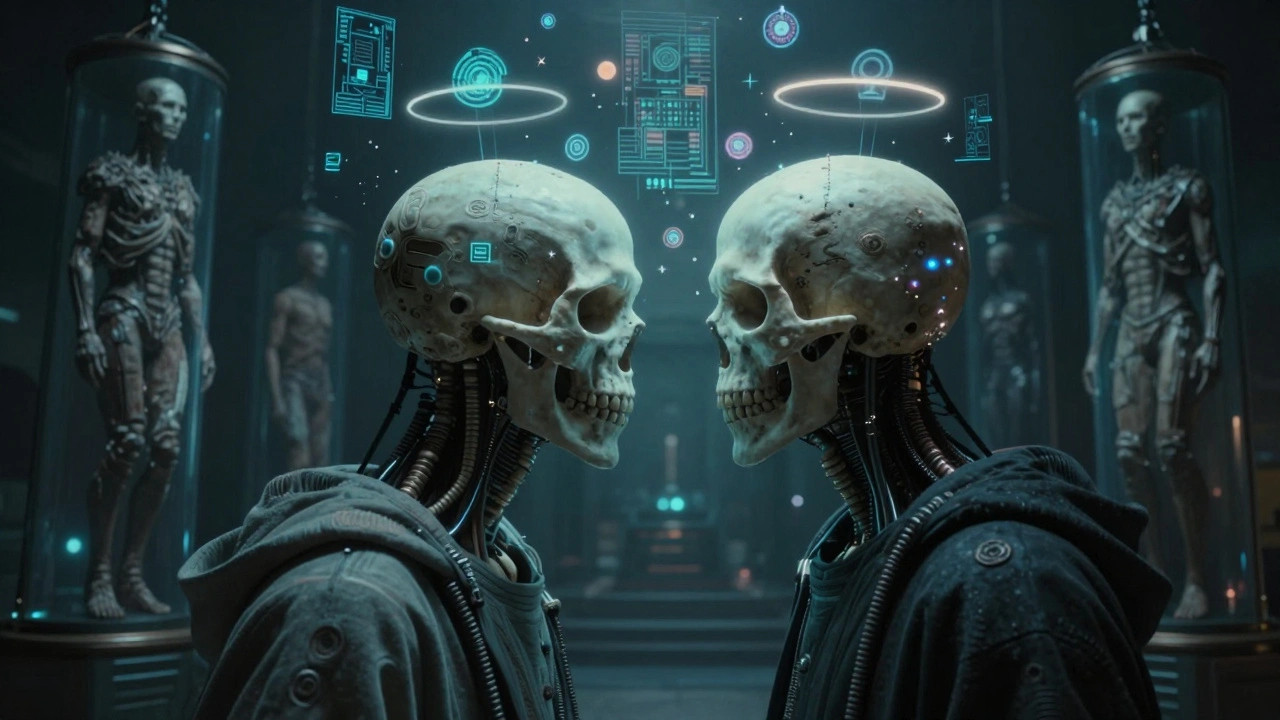 Два техножреца слились в одно существо, их мозги соединены проводами, а вокруг них вращаются цифровые символы.