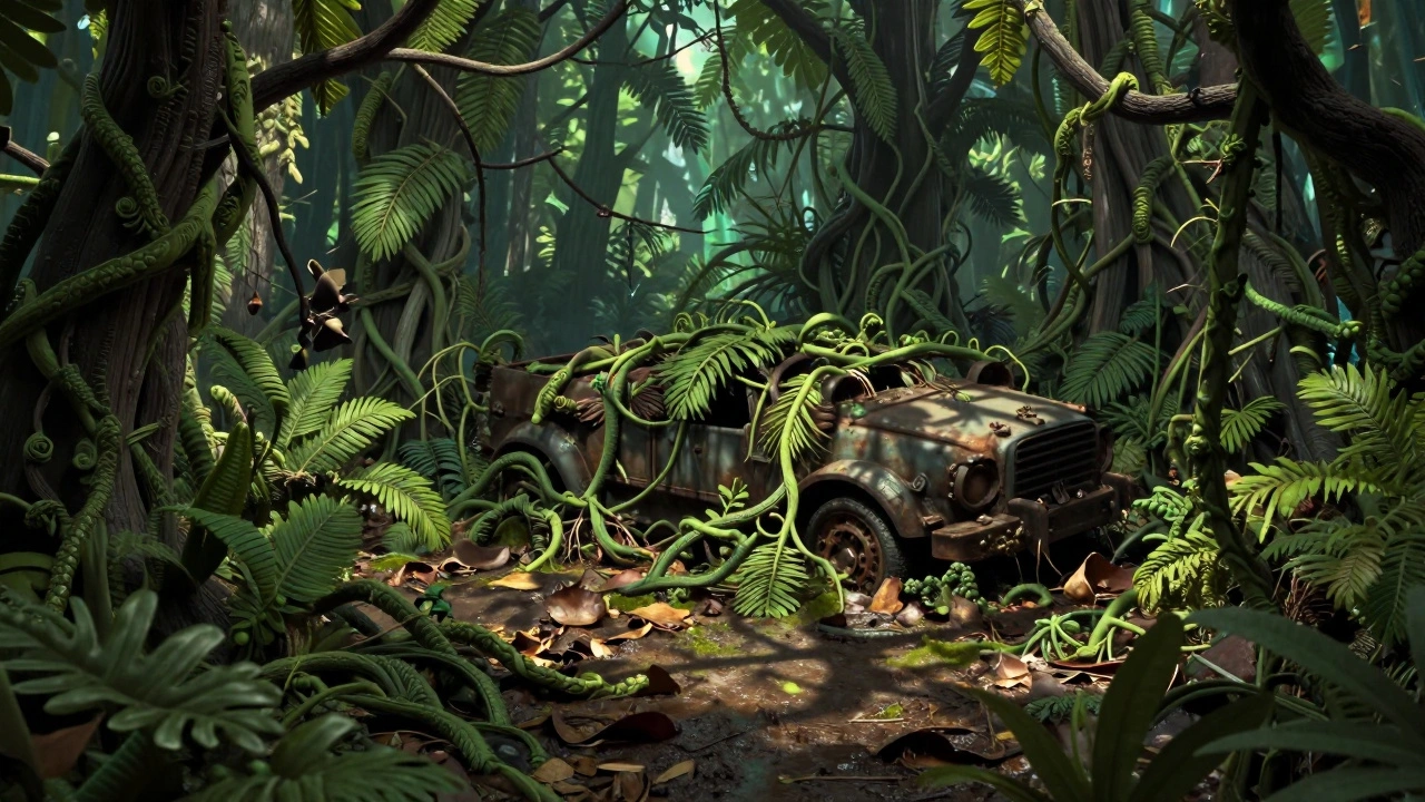 Джунгли на столе для Warhammer 40K: переплетённая листва, влажная земля, полуразрушенный транспорт в тени кроны.