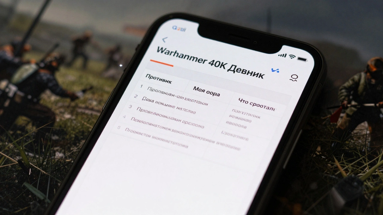 Экран телефона с таблицей 'Warhammer 40K Дневник' и записями на русском языке, на заднем плане — фото игрового поля.