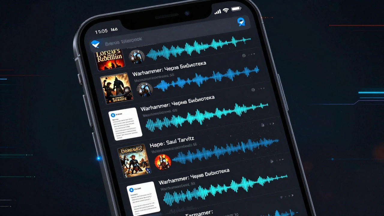 Экран телефона с Telegram-каналом 'Черная Библиотека' и книгами Warhammer 40K в формате PDF и аудио.