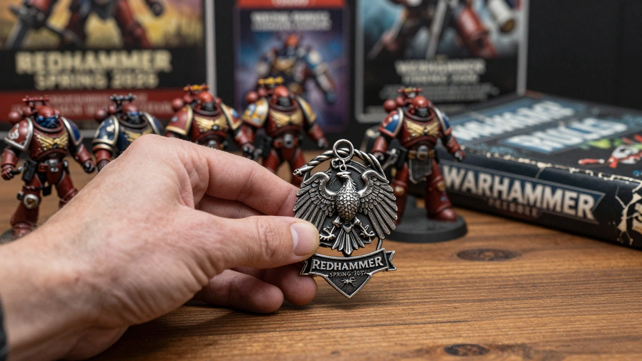 Эксклюзивный талисман турнира Redhammer Spring 2026 лежит на столе рядом с покрашенными миниатюрами.