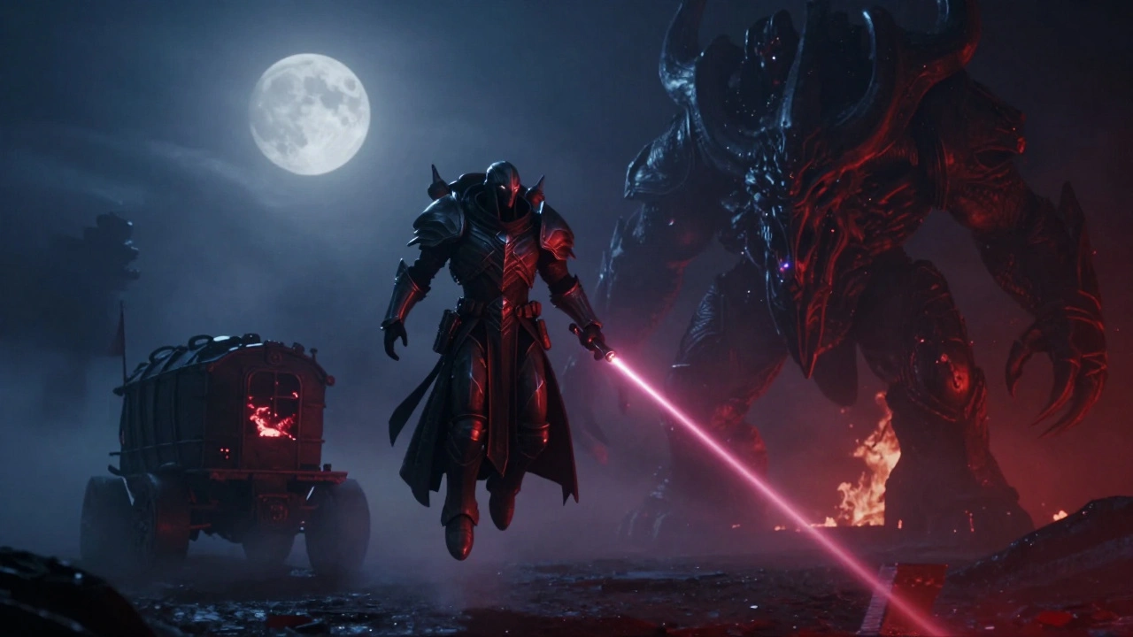 Эльф Смерти наносит смертельный удар лазером по хаотическому демону в тумане.